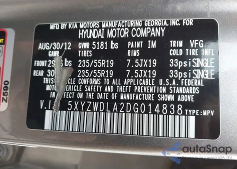 2013 Hyundai Santa Fe Sport 2.0T z USA, uszkodzony, nr VIN 5XYZWDLA2DG014838